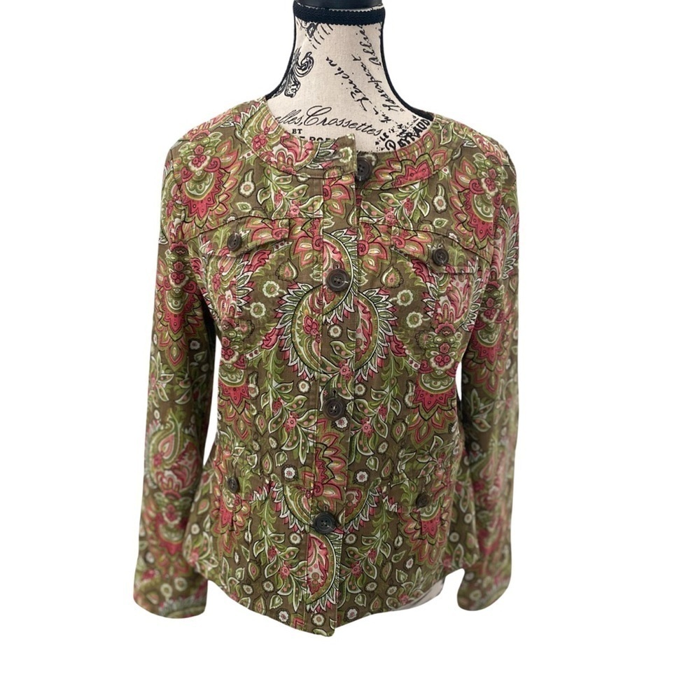 Charter Club Green and Pink Floral Print Denim Jacket Size SP
